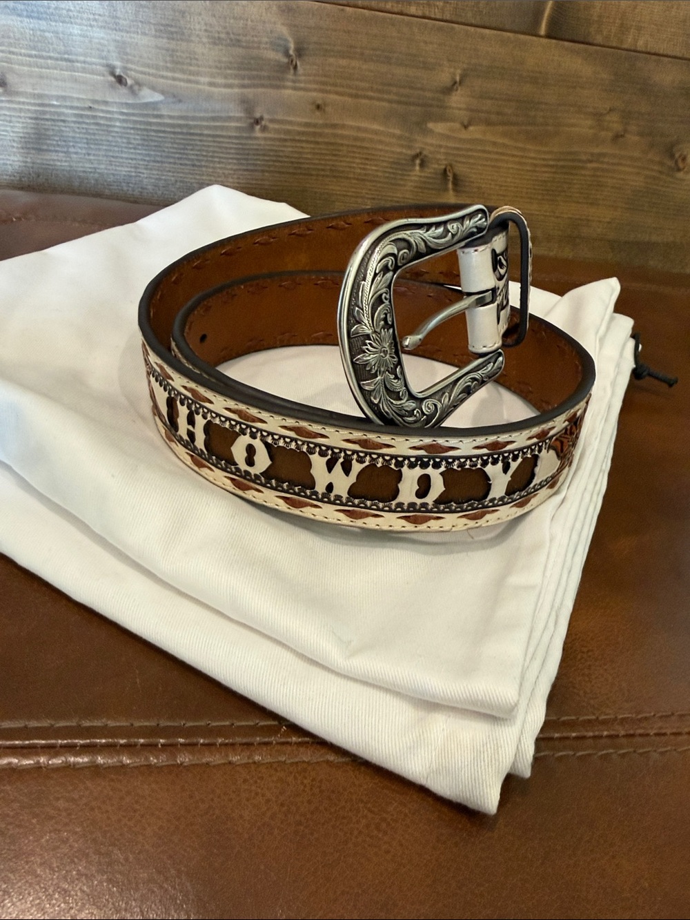 Leather Tooled Brown and Cream Western Belt with Silver Buckle